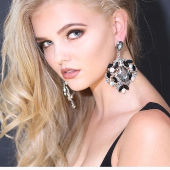 LARGE Pageant Earrings Black Silver AB Stone - Picture 3 of 4